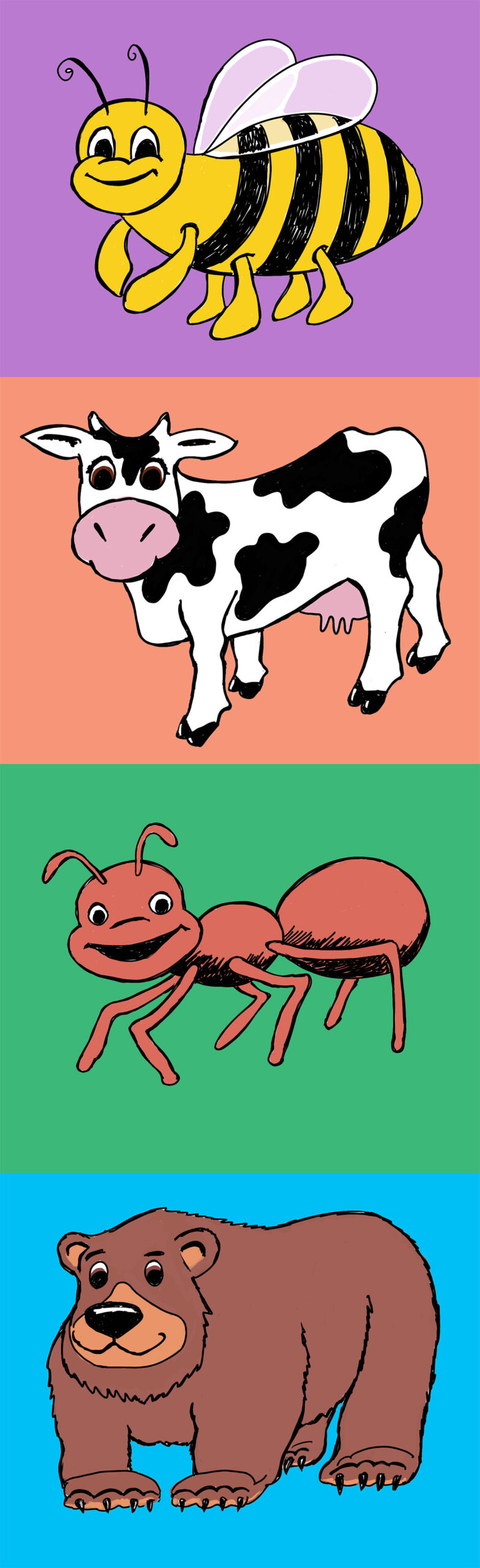 cartoon bee, cartoon cow, cartoon ant, cartoon bear, all lacking tails, on bright background colors