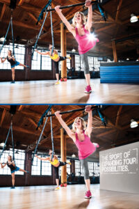 white women in gym or dance studio, exercising with trapeze