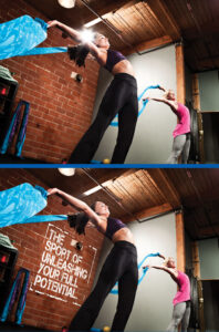 white women in gym or dance studio, stretching with blue lengths of cloth