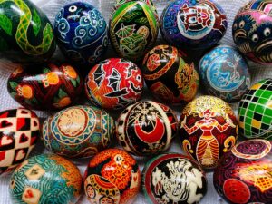 a selection of pysanky, or batik-dyed eggs