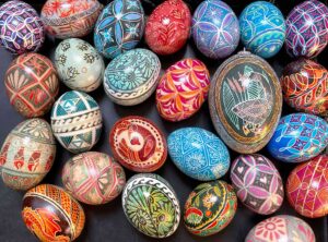 a selection of batik dyed eggs from 2024