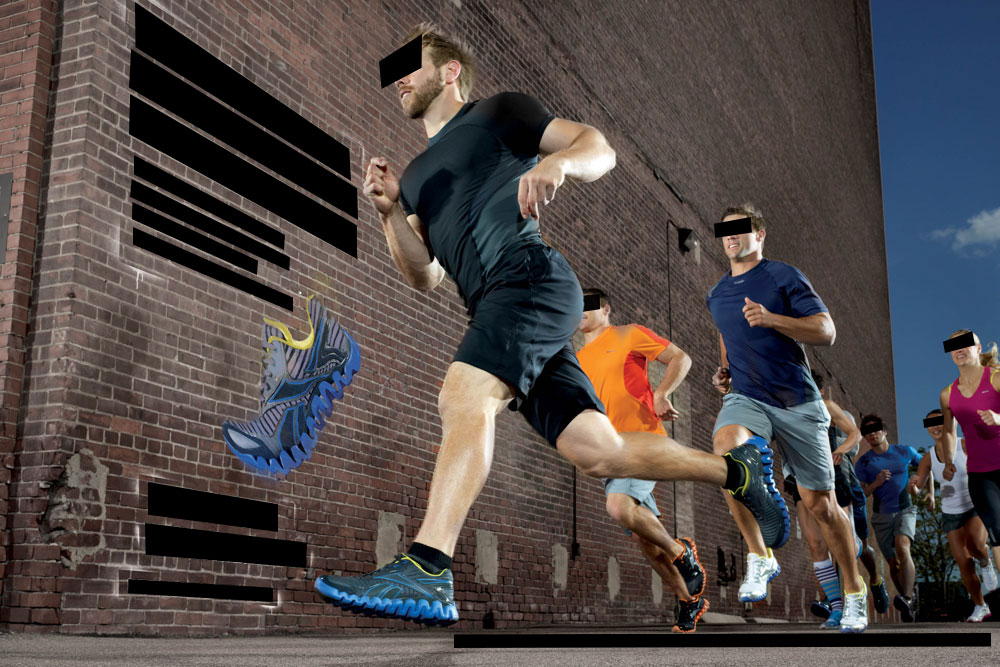 people running beside a brick wall, with black boxes covering eyes, and redacted text