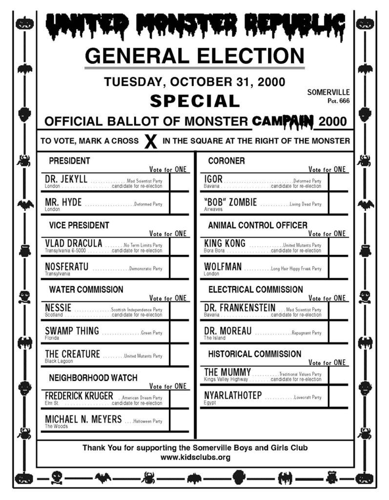 a mock ballot with traditional monsters running for office