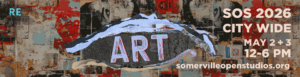 Postered wall stylized to display "ART", "RE SIST" and other RE words