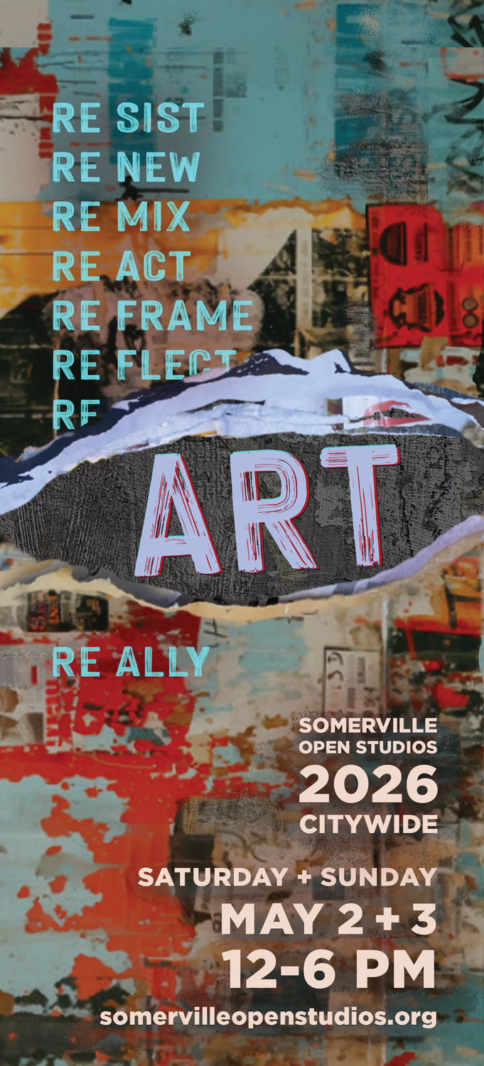 Postered wall stylized to display "ART", "RE SIST" and other RE words